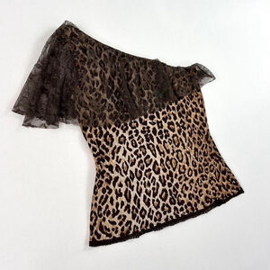 y2k D&G one shoulder leopard print top, lace overlay